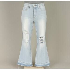 Aphrodite Light Wash Distressed Raw Hem Flare Jeans Women 9/29 High Rise‎